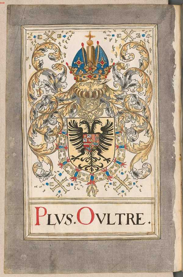 Wappen mit Wortdevise des 5. Ordenssouveräns Kaiser Karl V. (42v )

