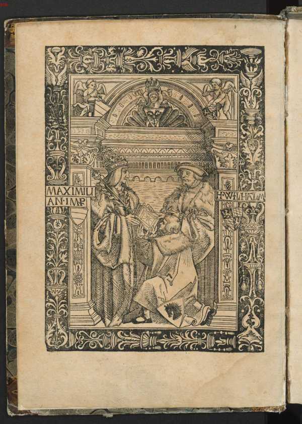 Illustration: Titelholzschnitt: Der Autor überreicht ... din