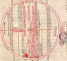 Federzeichnung: Kreisschema (Weltkarte mit Erdteilen, Himmelsrichtungen, Auf- und Untergang der Sonne). (45)
