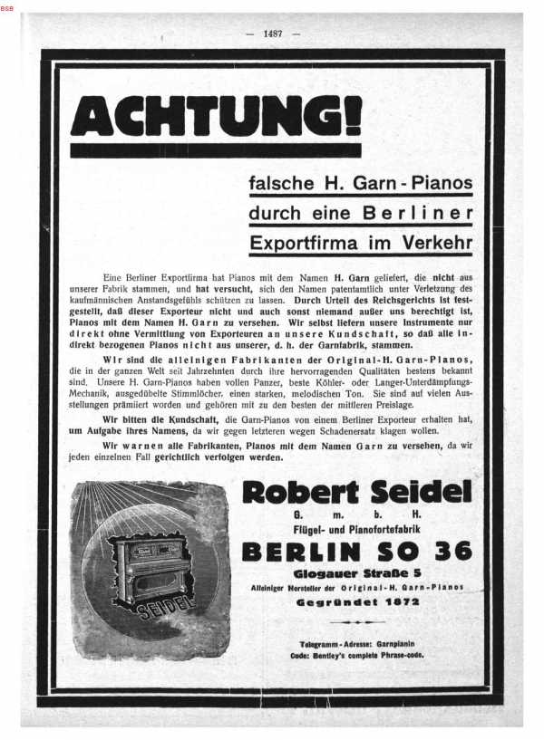 S. 1487 Achtung! Falsche H. Garn-Pianos ...