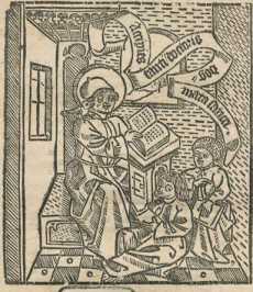 Illustration: Holzschnitt: Lehrszene
