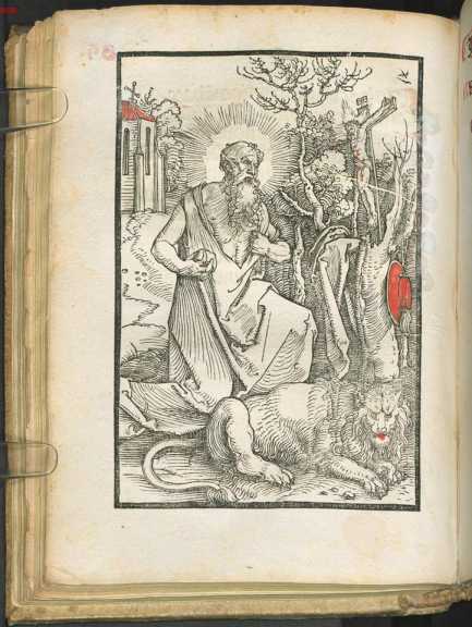 Illustration: Titelholzschnitt, koloriert: heiliger Hieronymus ... aus