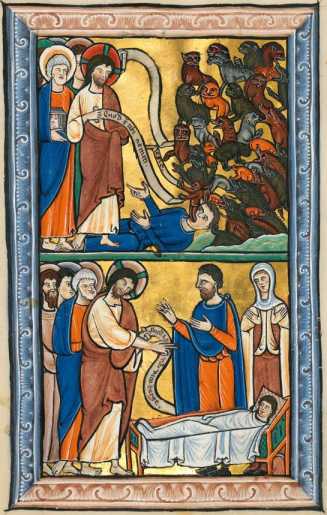 Oben: Jesus treibt dem Besessenen ... da