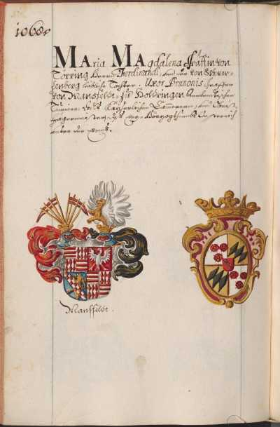 Kolorierte Illustration Wappen: Mansfeldt, Törring ... aus