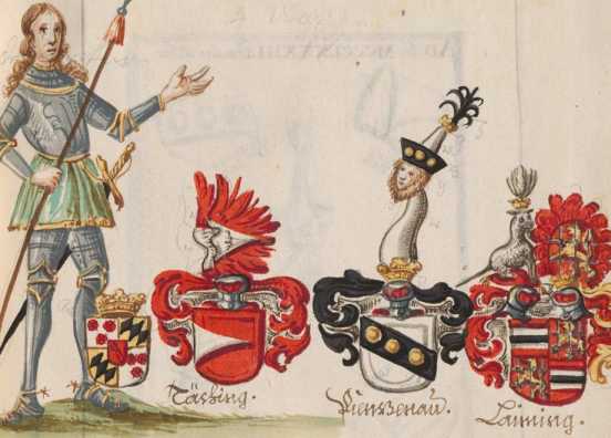 Kolorierte Miniatur: Ritterfigur mit 3 W...