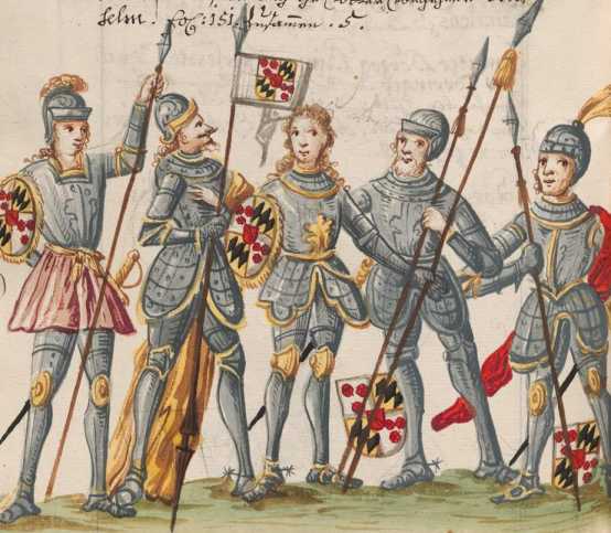 Kolorierte Miniatur: 5 Ritter

