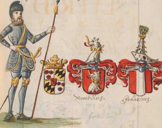 Kolorierte Miniatur: Ritterfigur mit 3 W...