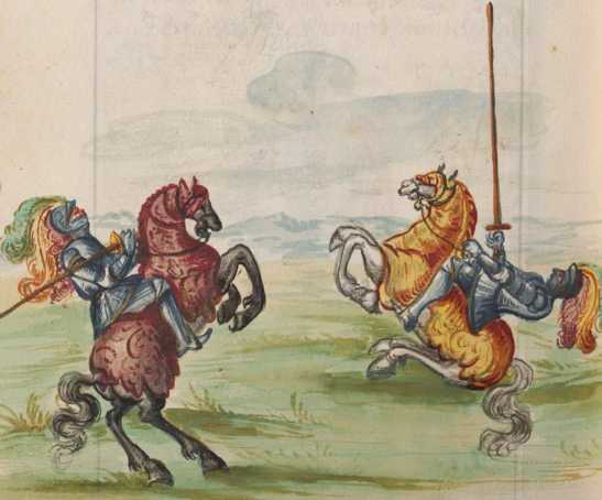Kolorierte Miniatur: 2 Ritter zu Pferde
