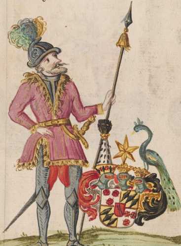 Kolorierte Miniatur: Ritterfigur mit Tö...
