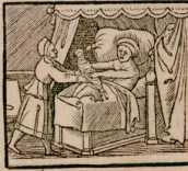 Kupferstich: Wöchnerin übergibt das neugeborene ... uit