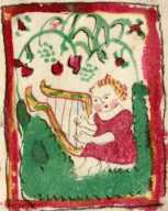 Eingeklebte Federzeichnung, koloriert, auf Pergament: ... uit