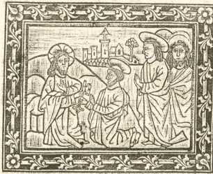 Holzschnitt: Jesus übergibt den Schlüssel ... aus