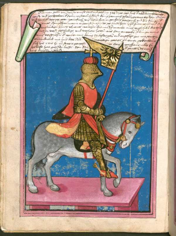 Ritter zu Pferd auf Podest, blauer Grund...
