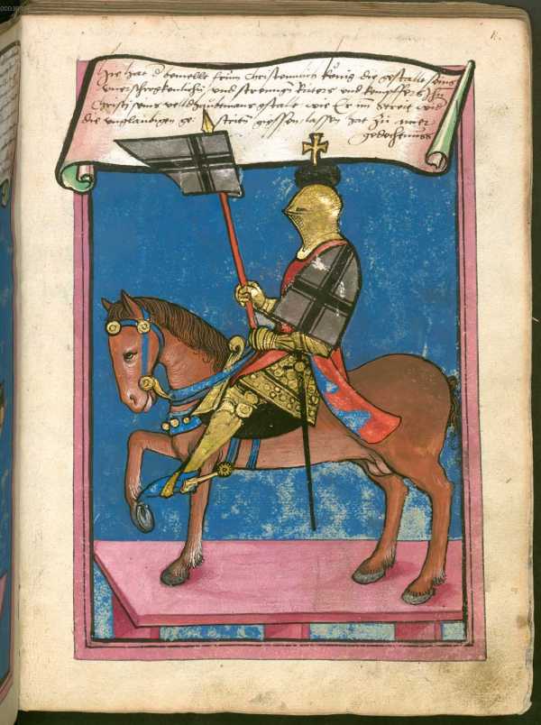 Ritter zu Pferd auf Podest, blauer Grund...