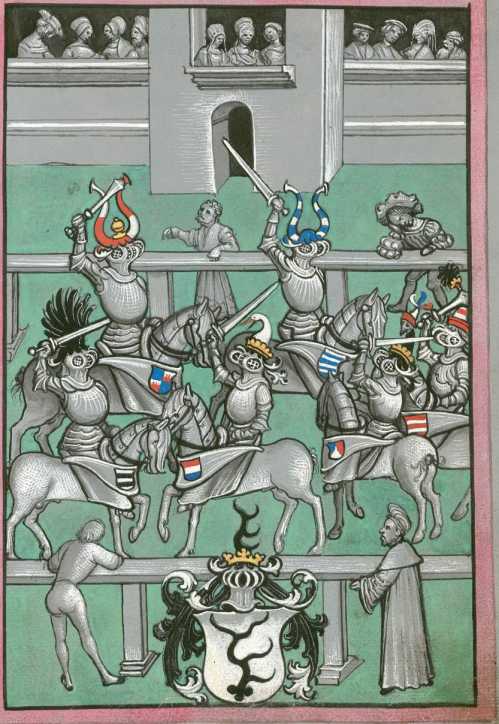 Ganzseitige Illustration: Turnierdarstellung in Grisaille ... aus