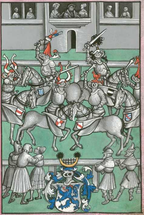 Ganzseitige Illustration: Turnierdarstellung in Grisaille ... din