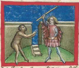 Miniatur:Affe und mit einem Stock bewaff...