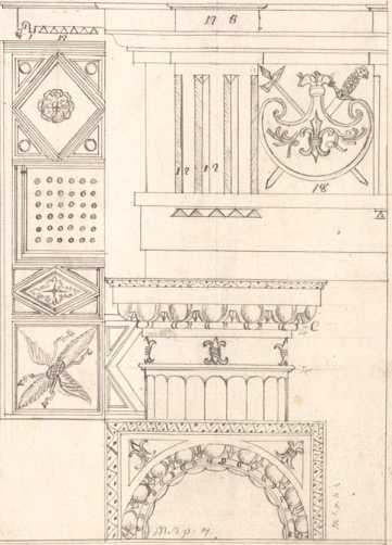 Gebälkecke mit Ornament (13r)
