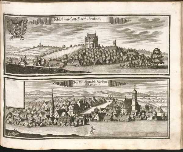M 71:Schloß und Hoff-March Arnbach.Ober Bruckh nechst Fürstenfeldt gelegen.
