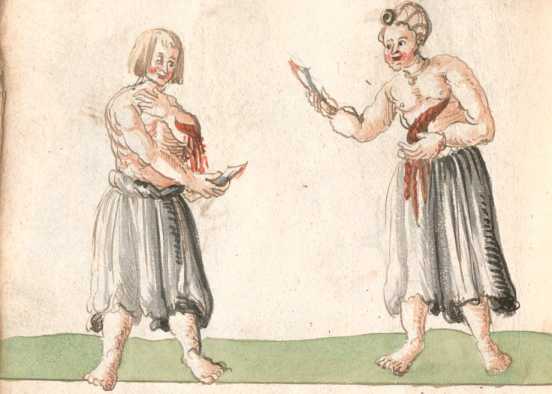 Darstellung eines Messerkampfs zweier halbnackter ... aus