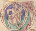 Initial: Figur mit Schild und ... aus