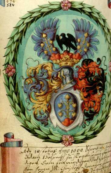gemaltes Wappen und handschr.: 10 ... din