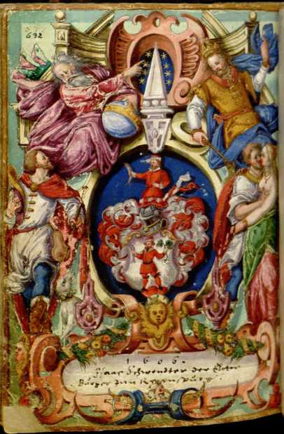 ganzseitig gemaltes Wappen und handschr.: ... aus