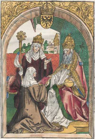 Ganzseitiger Holzschnitt (koloriert): Widmungsbild. Hrotsvit ... din