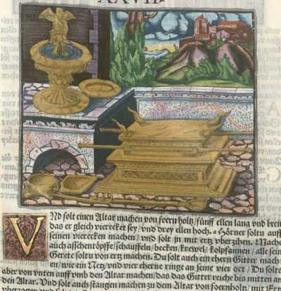 Kolorierter Kupferstich: Der Altar
