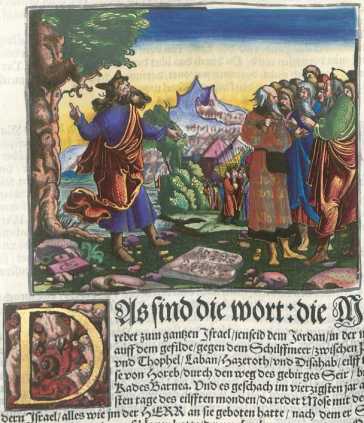 Kolorierter Kupferstich: Moses Rede vor ...