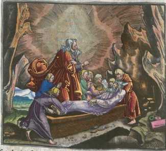 Kolorierter Kupferstich: Moses Tod
