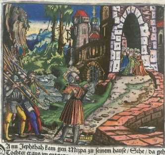Kolorierter Kupferstich: Jiftachs Sieg
