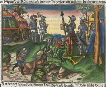 Kolorierter Kupferstich: David mit Speer...