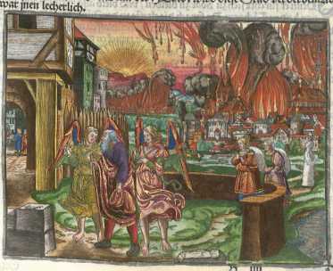 Kolorierter Kupferstich: Sodom und Gomor...