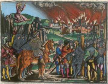 Kolorierter Kupferstich: Jerusalem in Fl...