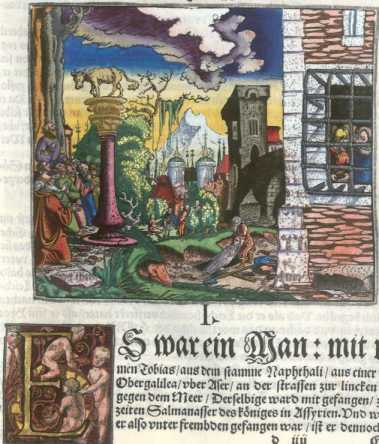 Kolorierter Kupferstich: Tobit in der Ve...
