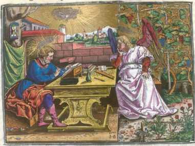 Kolorierter Kupferstich: Evangelist Matt...