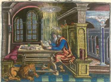 Kolorierter Kupferstich: Evangelist Mark...