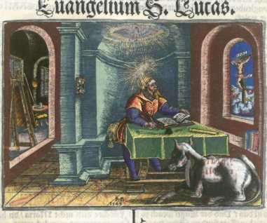 Kolorierter Kupferstich: Evangelist Luka...