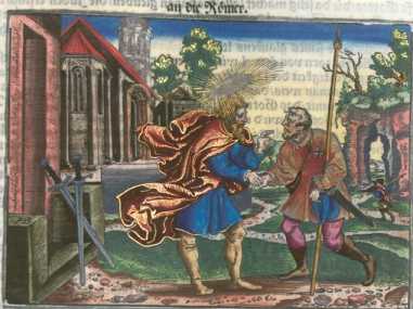 Kolorierter Kupferstich: Paulus an die R...