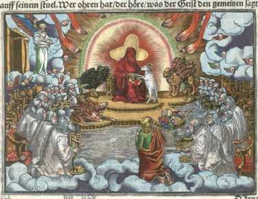 Kolorierter Kupferstich: Vision vom thro...
