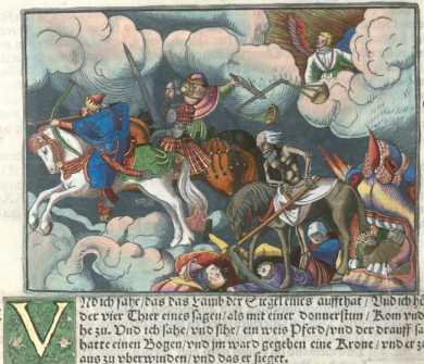 Kolorierter Kupferstich: Die Apokalyptis...