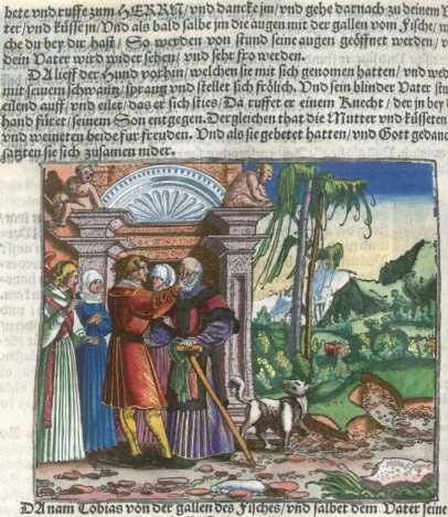 Kolorierter Kupferstich: Tobits Heilung
 ... from