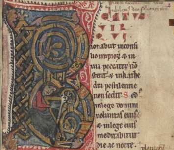 Textanfang PsalterHistorisierte Initiale B mit Flechtornamenten und spiraligen Füllranken (König David beim Harfenspiel - Psalm 1) (2)
