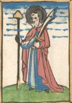 Rückwärtiger Spiegel. Holzschnitt: Heiliger Thaddäus ... uit