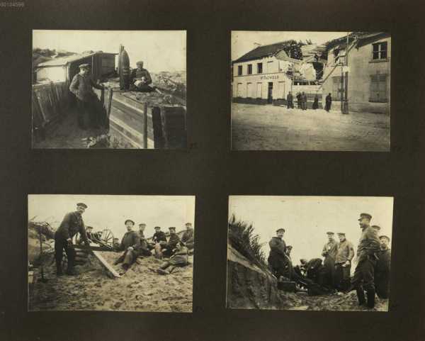 Bild 82-85: 82. Bild aus der Seestellung; 83. Verwüstung, angerichtet durch eine Fliegerbombe; 84. 85. Bootskanonen-Batterie Pape in den Dünen
