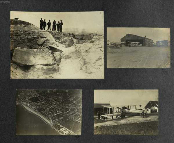 Bild 73-76: No. 73 / Okt. 1914 / Fort Oeleghem vor[?] Antwerpen; No. 74 / Aug. 15 / Flugplatz Ostende; No. 75 / Aug. 15 / Ostende [...?] Palasthotel und königl. Schloß mit Rennbahn; No. 76 / Juni 15 / Argo Kampfflugzeug 
