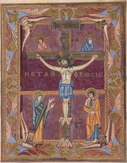 Miniatur. Kreuzigung Christi auf Purpurg...
