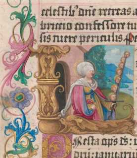 Bildinitiale L:Felicitas mit Schwert und den Häuptern der sieben Söhne (10.7.)In Ranke Medaillons mit Maria und Kind bzw. Erbärmdechristus
