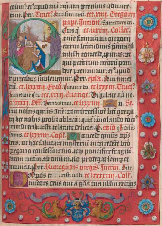 Bildinitiale D: Gregorius-Messe (12.3.) Randzierwappen: ... din